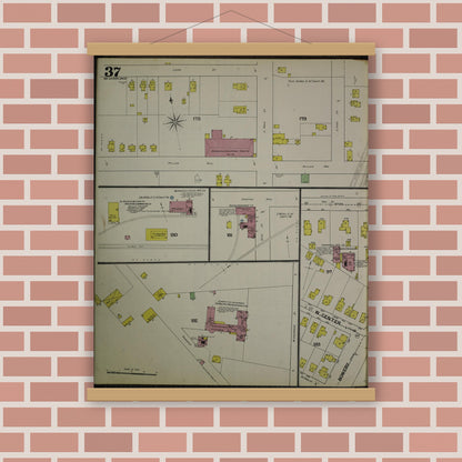 Old map wall art mockup — magnetic wood frame on brick wall — Sanborn Fire Insurance Map from Akron, Summit County, Ohio (1892), Sheet #0037