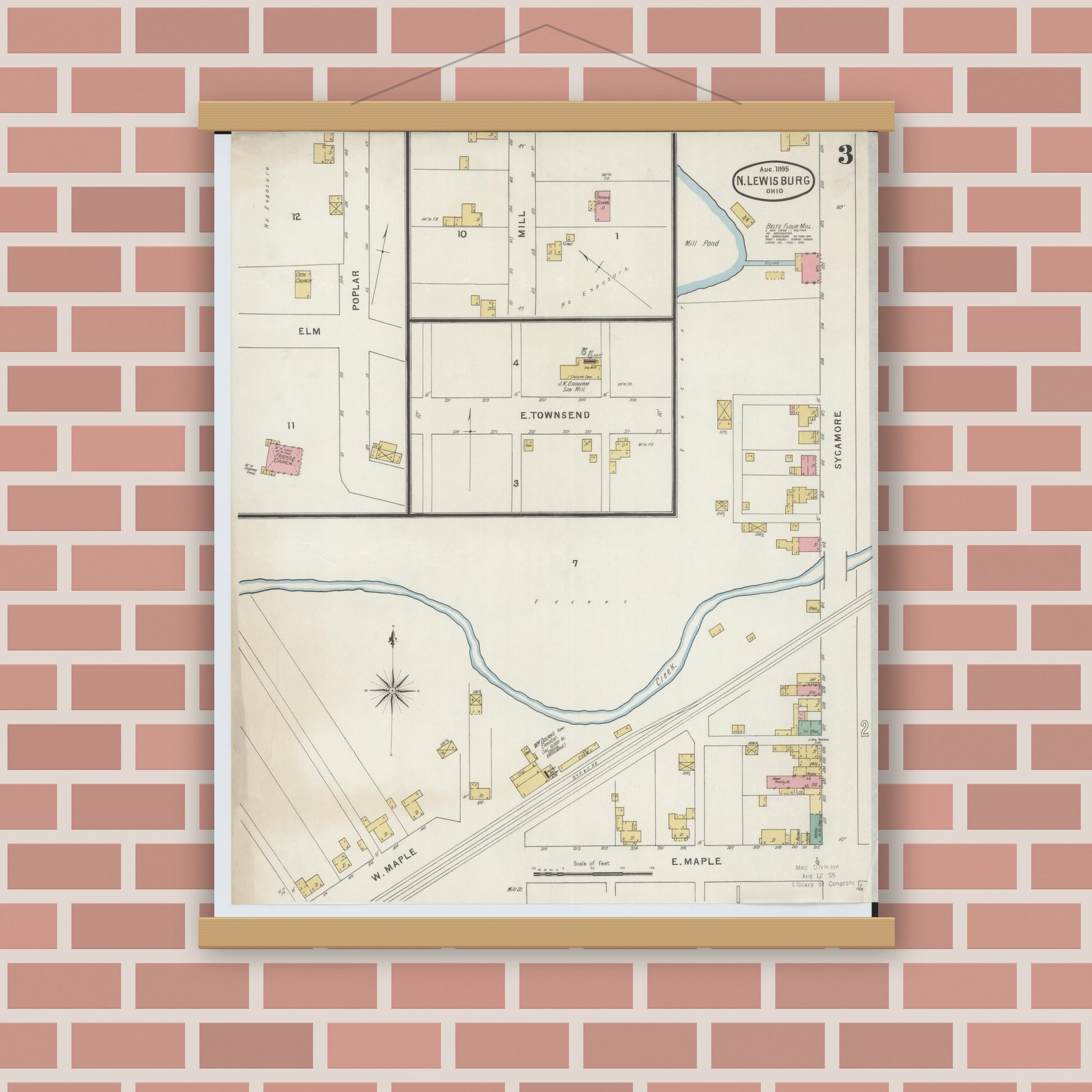 Old map wall art mockup — magnetic wood frame on brick wall — Sanborn Fire Insurance Map from North Lewisburg, Champaign County, Ohio (1895), Sheet #0003