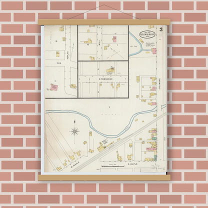 Old map wall art mockup — magnetic wood frame on brick wall — Sanborn Fire Insurance Map from North Lewisburg, Champaign County, Ohio (1895), Sheet #0003