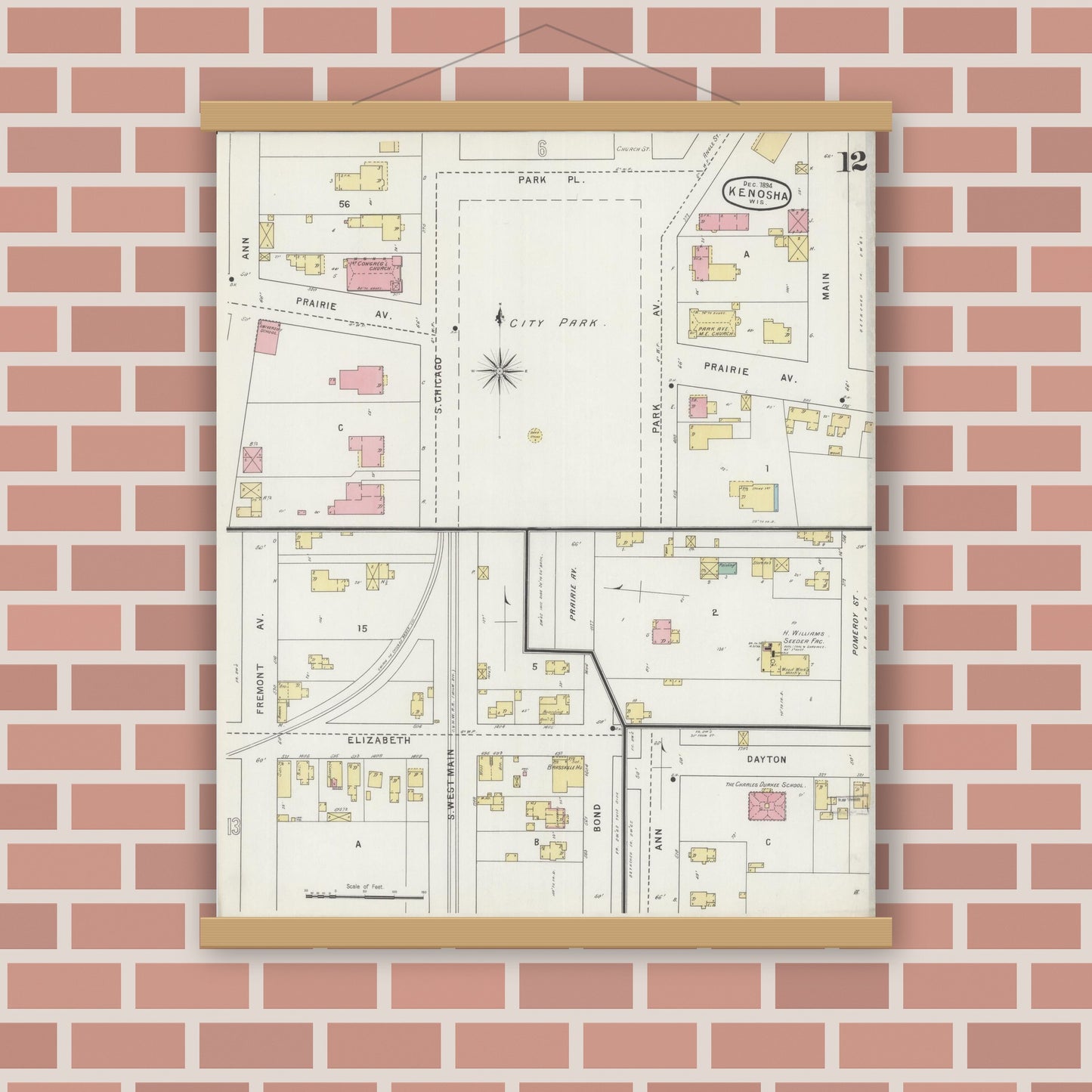 Old map wall art mockup — magnetic wood frame on brick wall — Sanborn Fire Insurance Map from Kenosha, Kenosha County, Wisconsin (1894), Sheet #0012