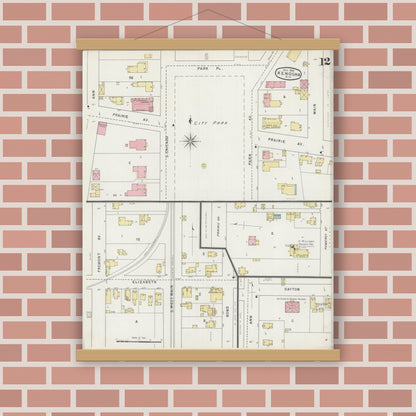 Old map wall art mockup — magnetic wood frame on brick wall — Sanborn Fire Insurance Map from Kenosha, Kenosha County, Wisconsin (1894), Sheet #0012