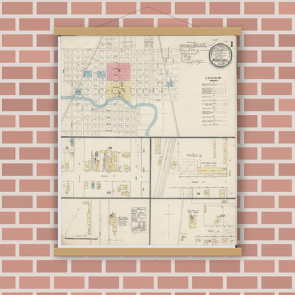 Old map wall art mockup — magnetic wood frame on brick wall — Sanborn Fire Insurance Map from Pontiac, Livingston County, Illinois (1888), Sheet #0001