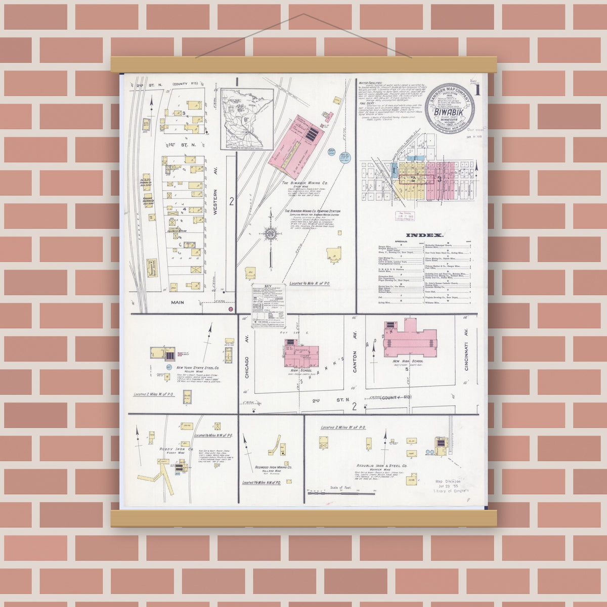 Old map wall art mockup — magnetic wood frame on brick wall — Sanborn Fire Insurance Map from Biwabik, Saint Louis County, Minnesota (1912) - Complete Map Set