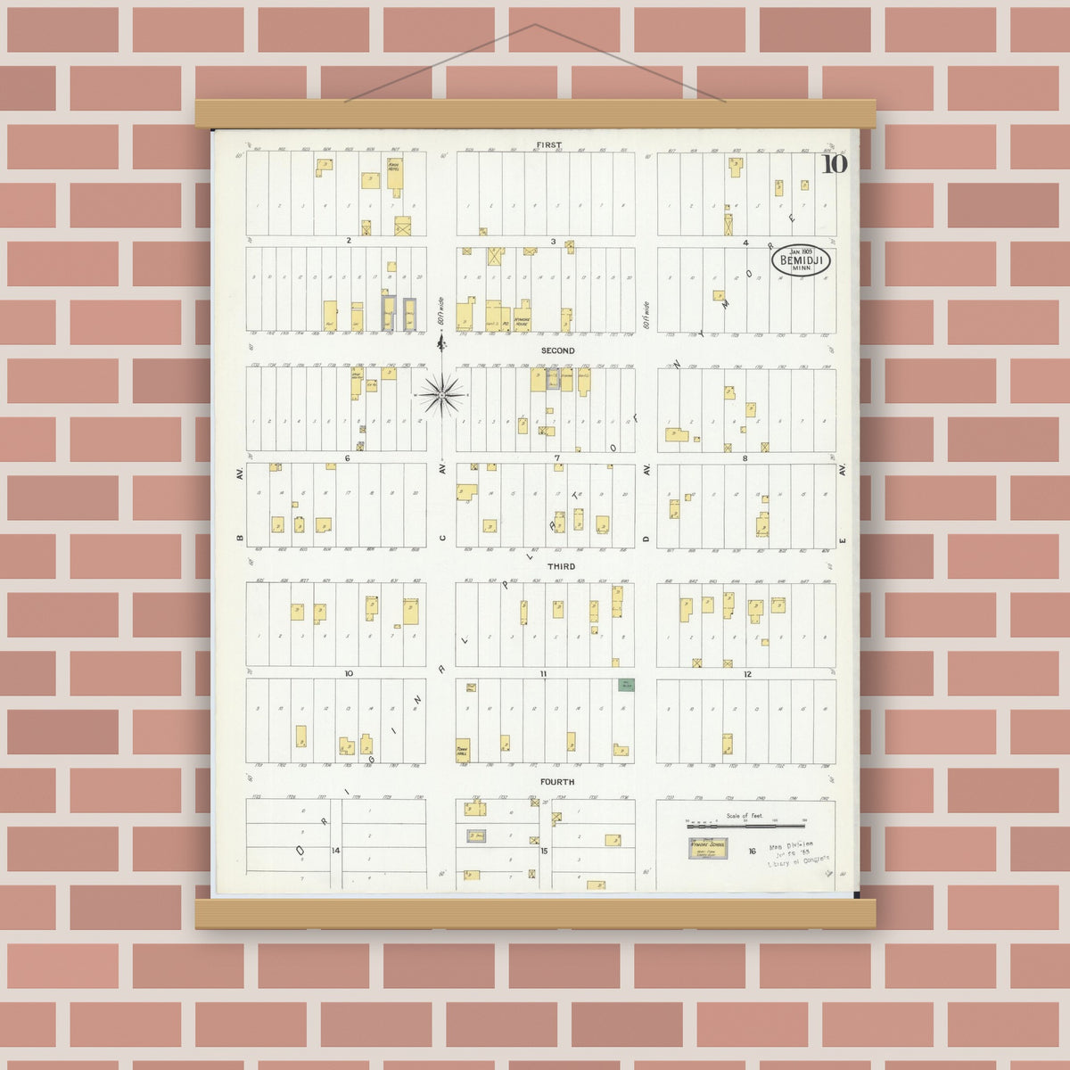 Old map wall art mockup — magnetic wood frame on brick wall — Sanborn Fire Insurance Map from Bemidji, Beltrami County, Minnesota (1909), Sheet #0010