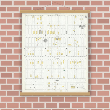 Old map wall art mockup — magnetic wood frame on brick wall — Sanborn Fire Insurance Map from Bemidji, Beltrami County, Minnesota (1909), Sheet #0010