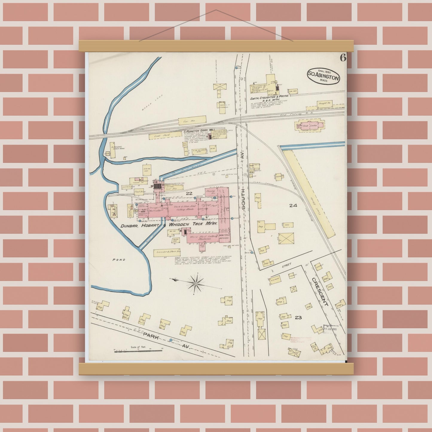Old map wall art mockup — magnetic wood frame on brick wall — Sanborn Fire Insurance Map from South Abington, Plymouth County, Massachusetts (1885), Sheet #0006
