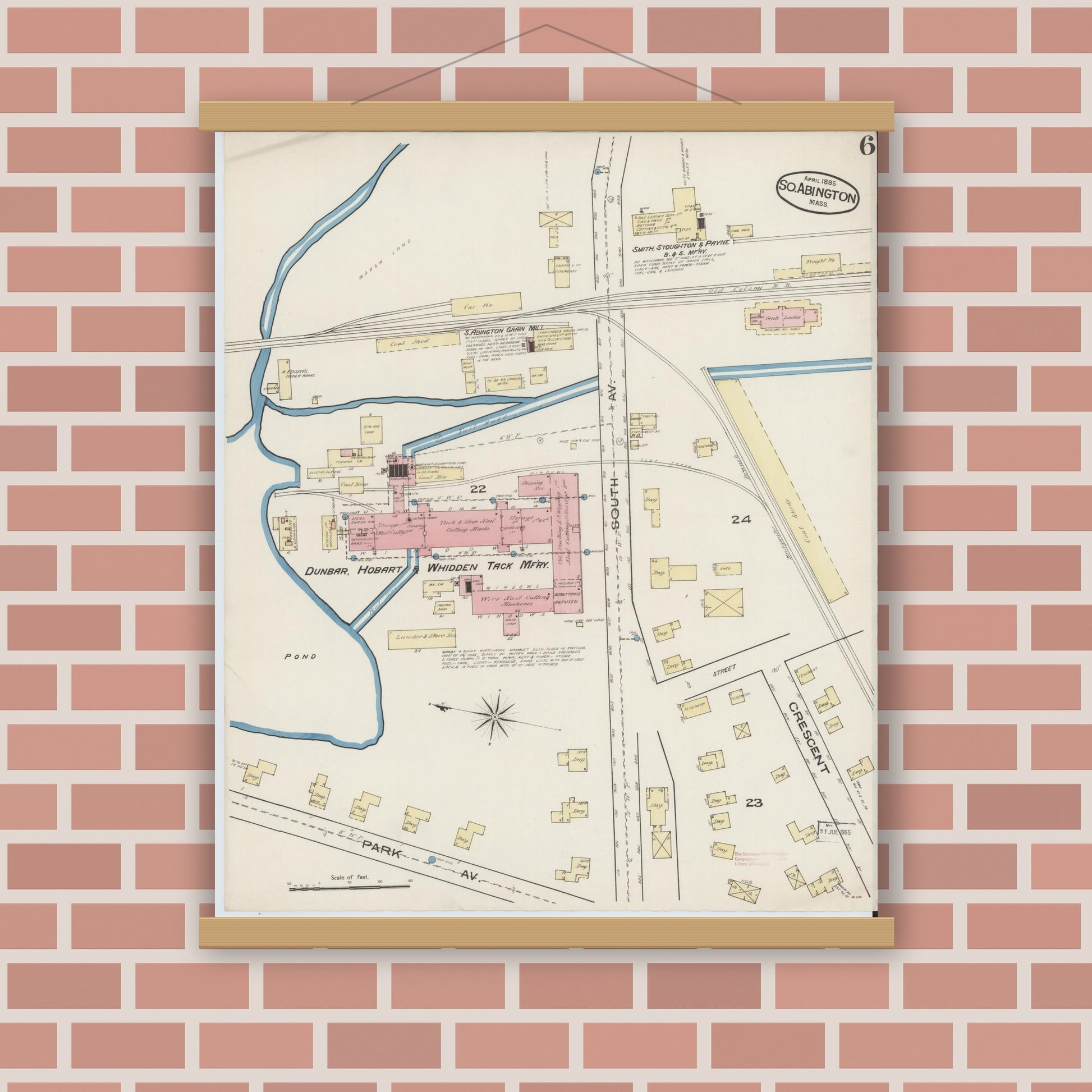 Old map wall art mockup — magnetic wood frame on brick wall — Sanborn Fire Insurance Map from South Abington, Plymouth County, Massachusetts (1885), Sheet #0006