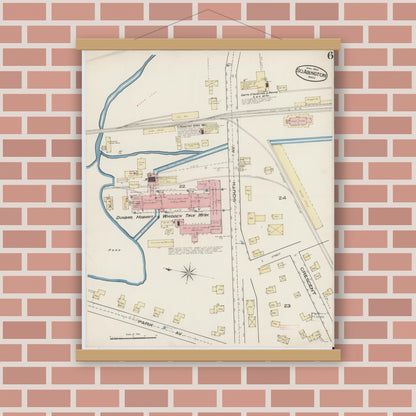 Old map wall art mockup — magnetic wood frame on brick wall — Sanborn Fire Insurance Map from South Abington, Plymouth County, Massachusetts (1885), Sheet #0006