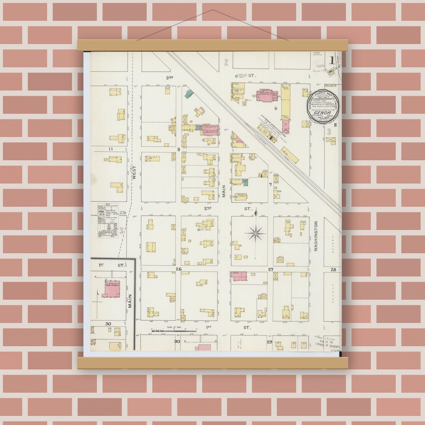 Old map wall art mockup — magnetic wood frame on brick wall — Sanborn Fire Insurance Map from Genoa, Ottawa County, Ohio (1893), Sheet #0001