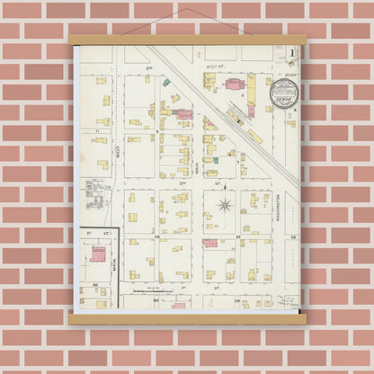 Old map wall art mockup — magnetic wood frame on brick wall — Sanborn Fire Insurance Map from Genoa, Ottawa County, Ohio (1893), Sheet #0001