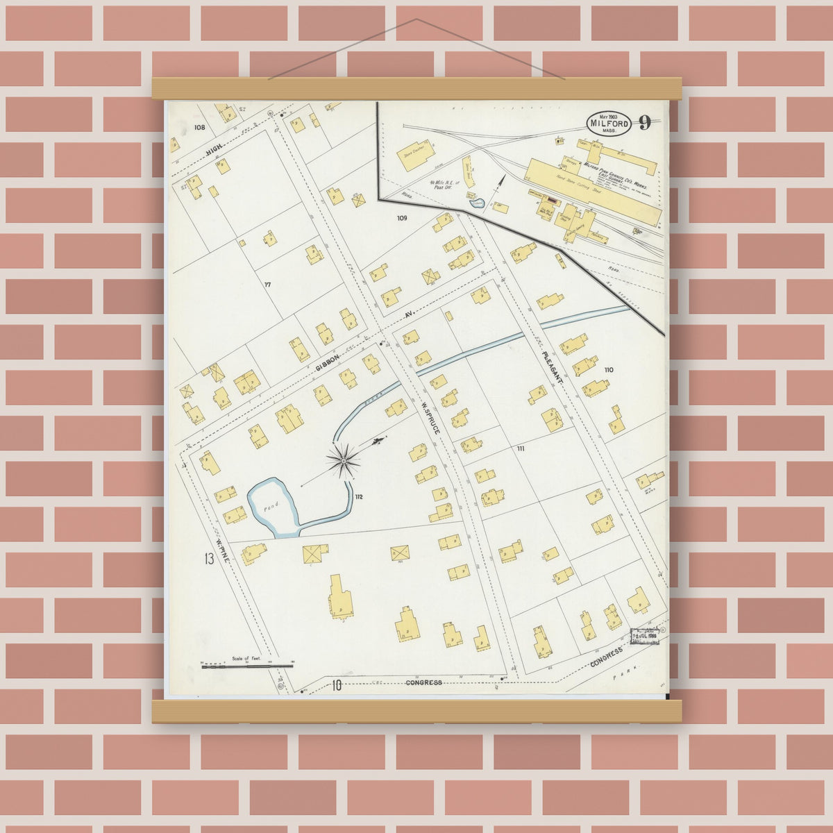 Old map wall art mockup — magnetic wood frame on brick wall — Sanborn Fire Insurance Map from Milford, Worcester County, Massachusetts (1903), Sheet #0009