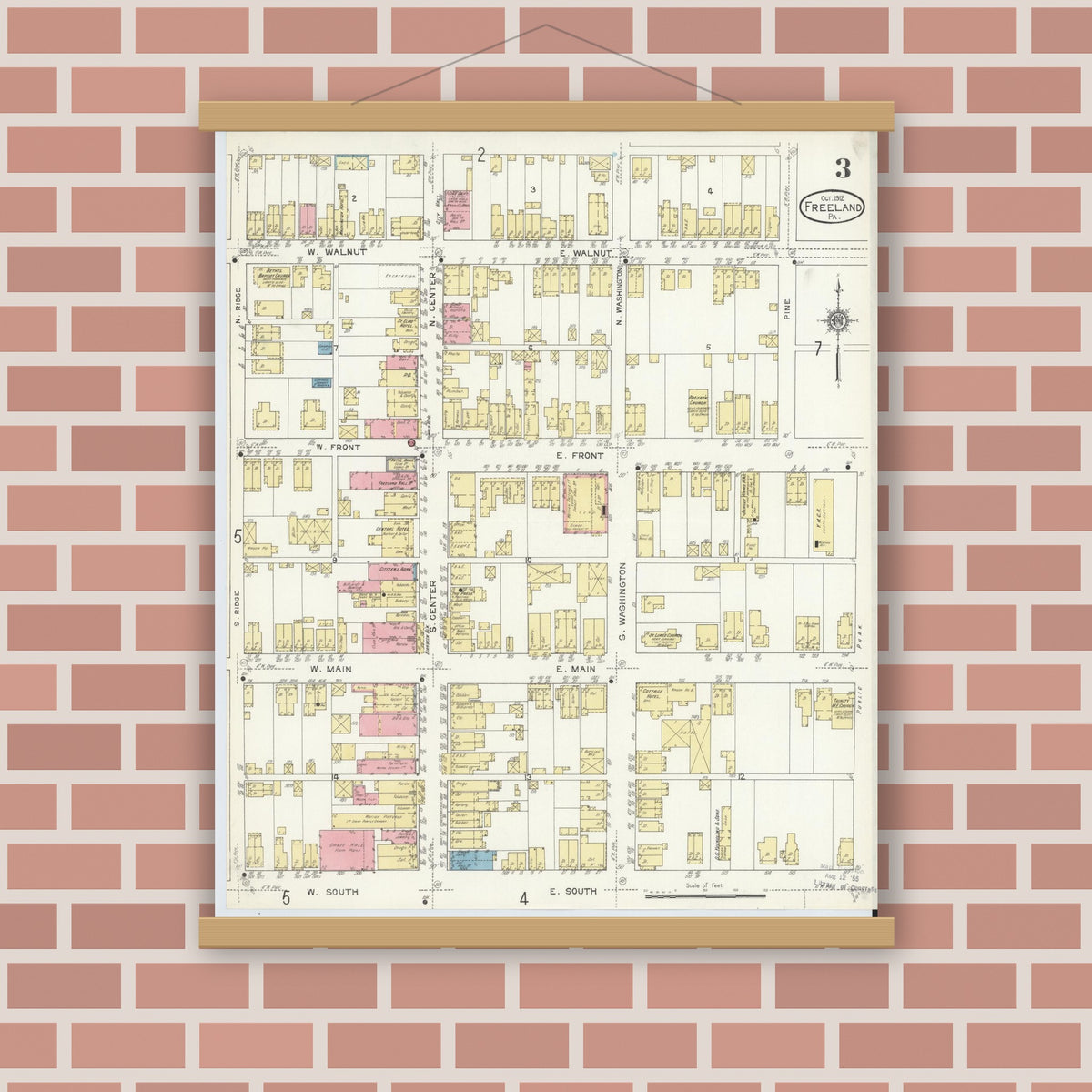 Old map wall art mockup — magnetic wood frame on brick wall — Sanborn Fire Insurance Map from Freeland, Luzerne County, Pennsylvania (1912), Sheet #0003