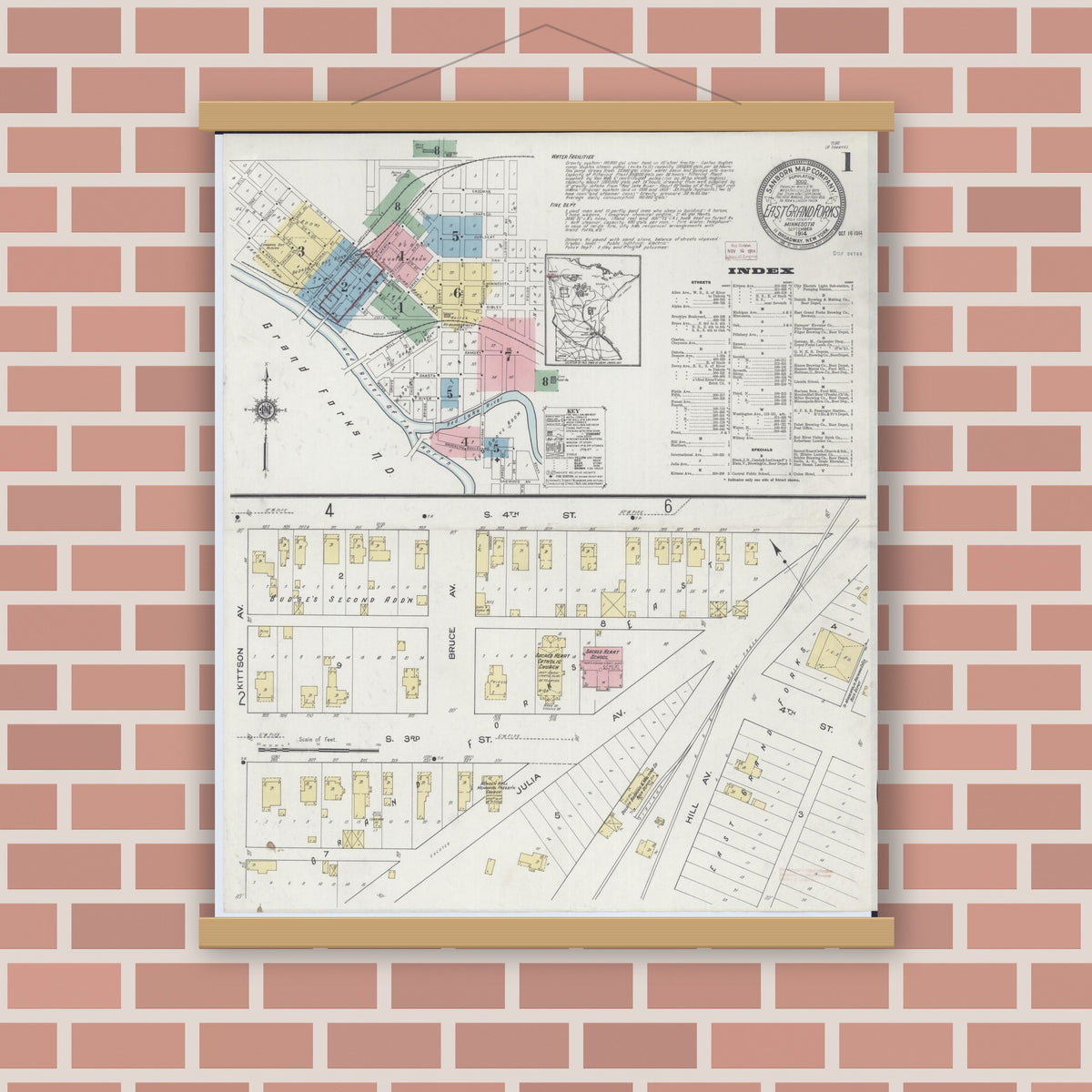 Old map wall art mockup — magnetic wood frame on brick wall — Sanborn Fire Insurance Map from East Grand Forks, Polk County, Minnesota (1914) - Complete Map Set