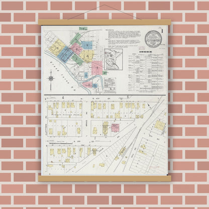 Old map wall art mockup — magnetic wood frame on brick wall — Sanborn Fire Insurance Map from East Grand Forks, Polk County, Minnesota (1914) - Complete Map Set