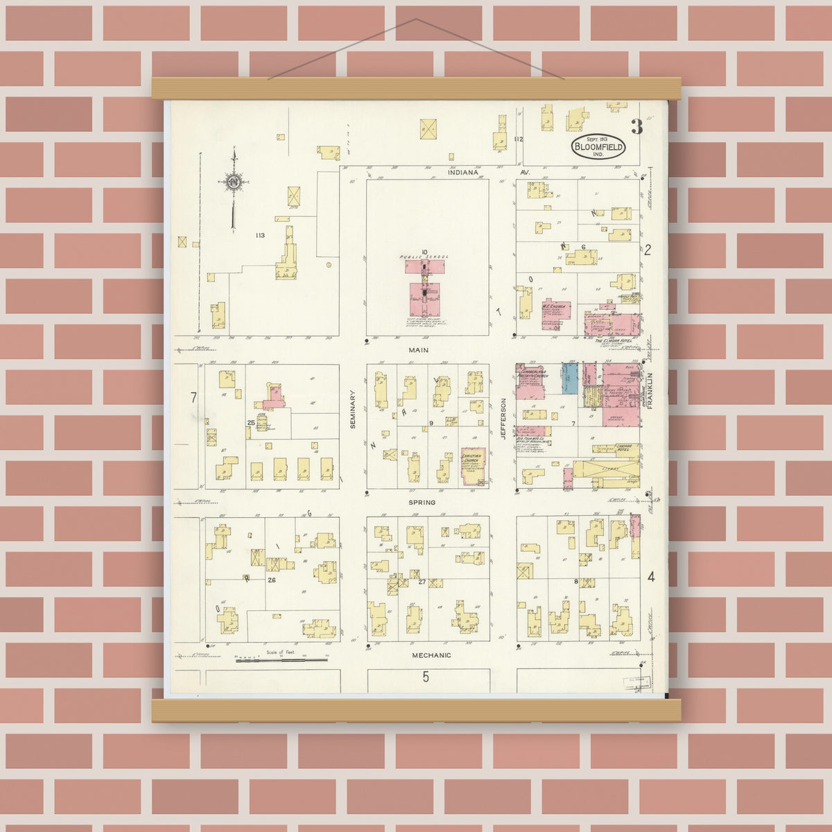 Old map wall art mockup — magnetic wood frame on brick wall — Sanborn Fire Insurance Map from Bloomfield, Greene County, Indiana (1913), Sheet #0003
