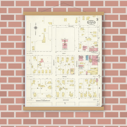 Old map wall art mockup — magnetic wood frame on brick wall — Sanborn Fire Insurance Map from Bloomfield, Greene County, Indiana (1913), Sheet #0003