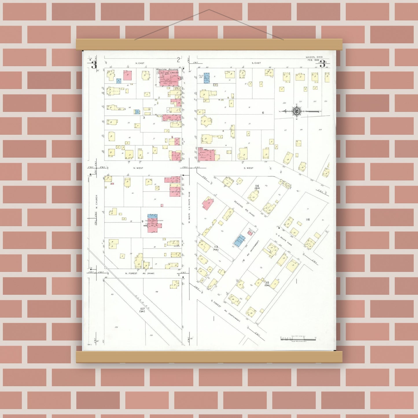 Old map wall art mockup — magnetic wood frame on brick wall — Sanborn Fire Insurance Map from Mason, Warren County, Ohio (1946), Sheet #0003