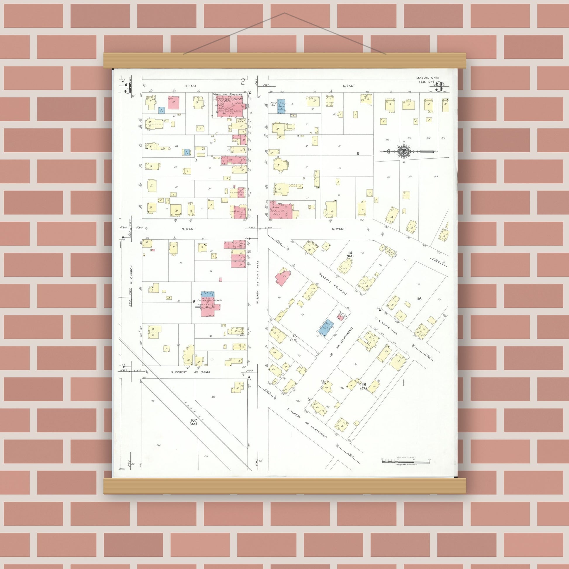 Old map wall art mockup — magnetic wood frame on brick wall — Sanborn Fire Insurance Map from Mason, Warren County, Ohio (1946), Sheet #0003