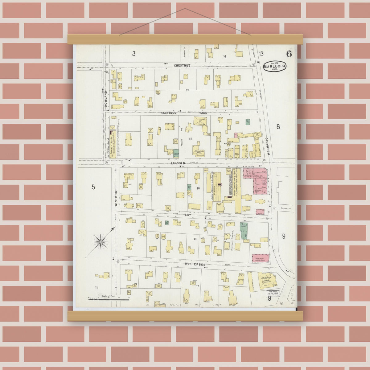 Old map wall art mockup — magnetic wood frame on brick wall — Sanborn Fire Insurance Map from Marlborough, Middlesex County, Massachusetts (1896), Sheet #0006