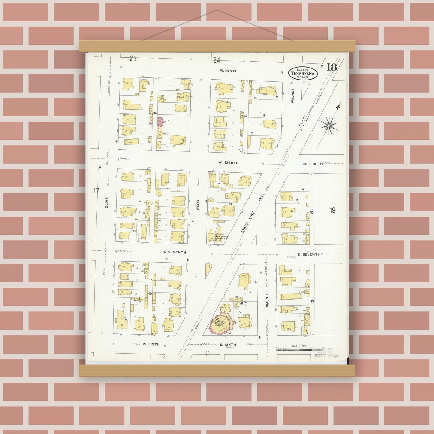Old map wall art mockup — magnetic wood frame on brick wall — Sanborn Fire Insurance Map from Texarkana, Bowie County, Texas (1909), Sheet #0018
