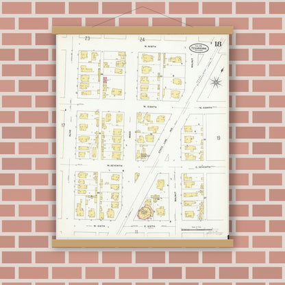 Old map wall art mockup — magnetic wood frame on brick wall — Sanborn Fire Insurance Map from Texarkana, Bowie County, Texas (1909), Sheet #0018