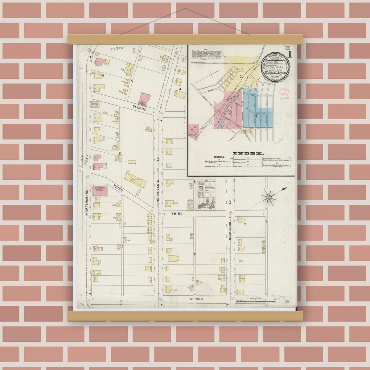 Old map wall art mockup — magnetic wood frame on brick wall — Sanborn Fire Insurance Map from Roaring Spring, Blair County, Pennsylvania (1894), Sheet #0001