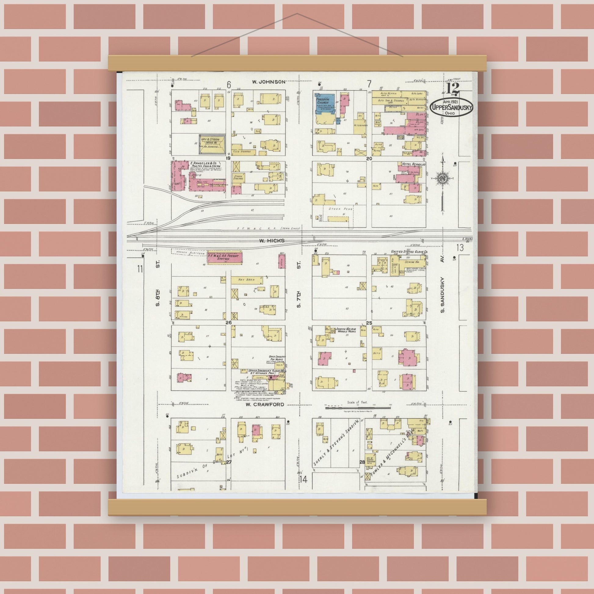 Old map wall art mockup — magnetic wood frame on brick wall — Sanborn Fire Insurance Map from Upper Sandusky, Wyandot County, Ohio (1921), Sheet #0012