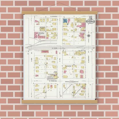 Old map wall art mockup — magnetic wood frame on brick wall — Sanborn Fire Insurance Map from Upper Sandusky, Wyandot County, Ohio (1921), Sheet #0012