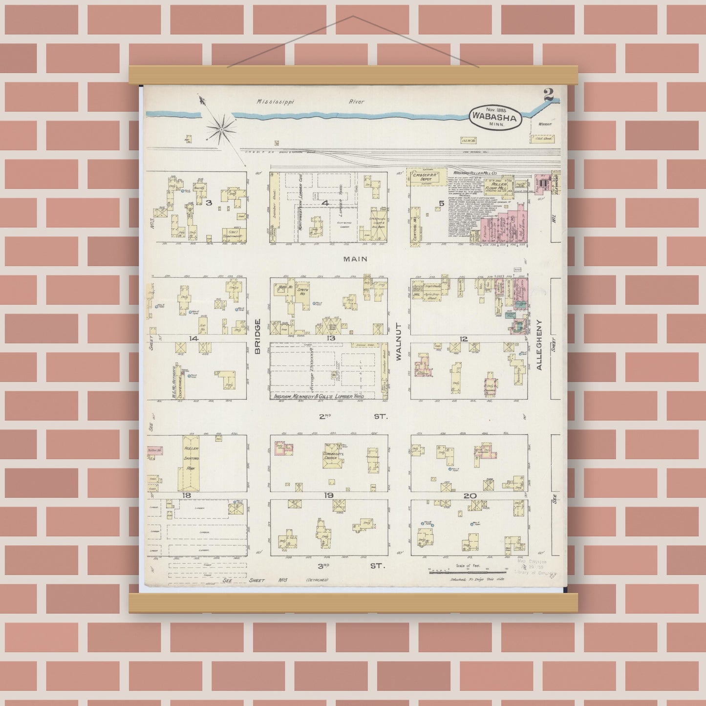 Old map wall art mockup — magnetic wood frame on brick wall — Sanborn Fire Insurance Map from Wabasha, Wabasha County, Minnesota (1885), Sheet #0002