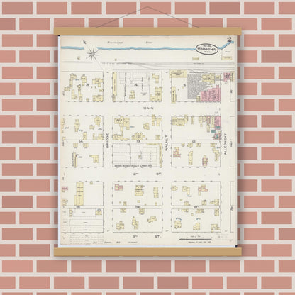 Old map wall art mockup — magnetic wood frame on brick wall — Sanborn Fire Insurance Map from Wabasha, Wabasha County, Minnesota (1885), Sheet #0002