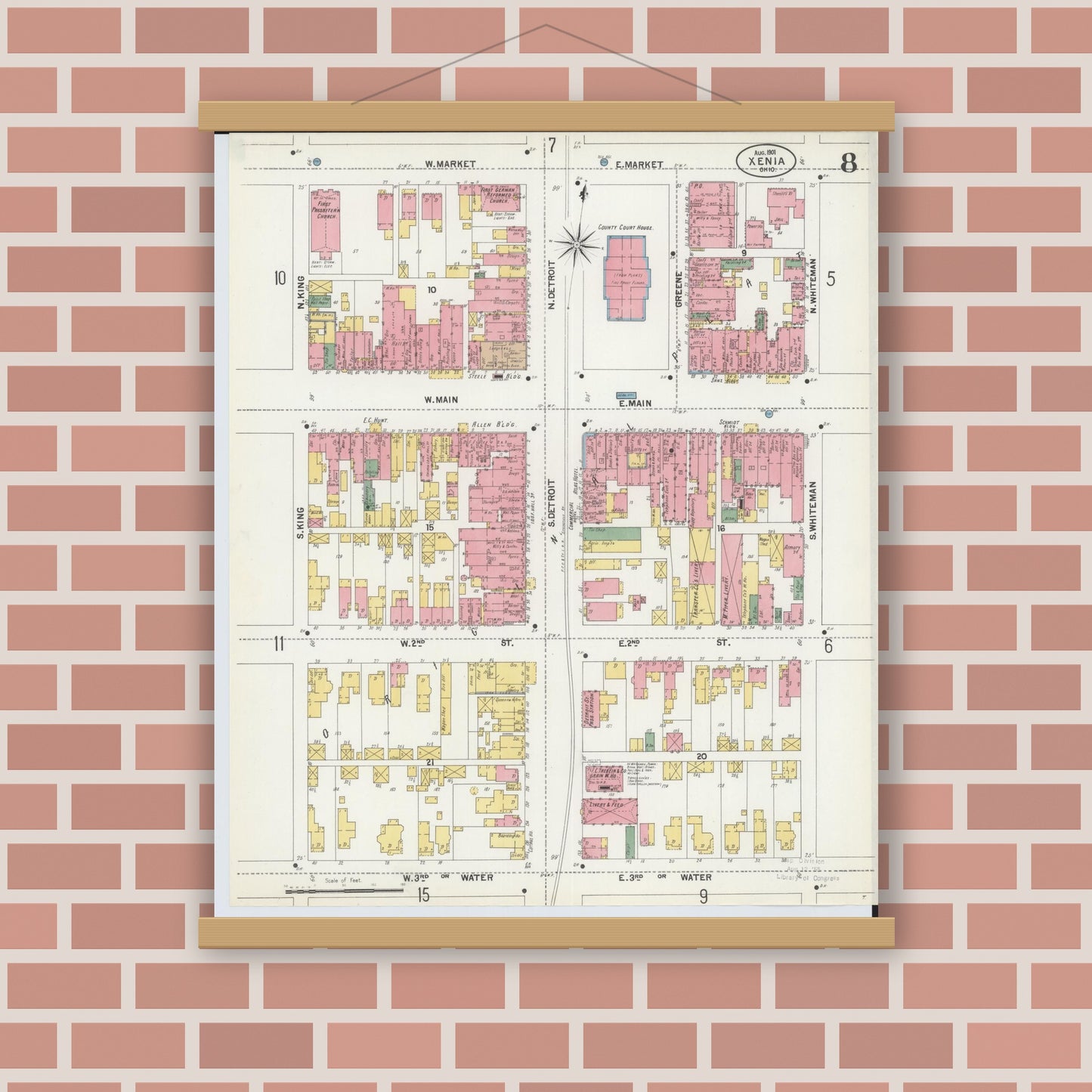 Old map wall art mockup — magnetic wood frame on brick wall — Sanborn Fire Insurance Map from Xenia, Greene County, Ohio (1901), Sheet #0008