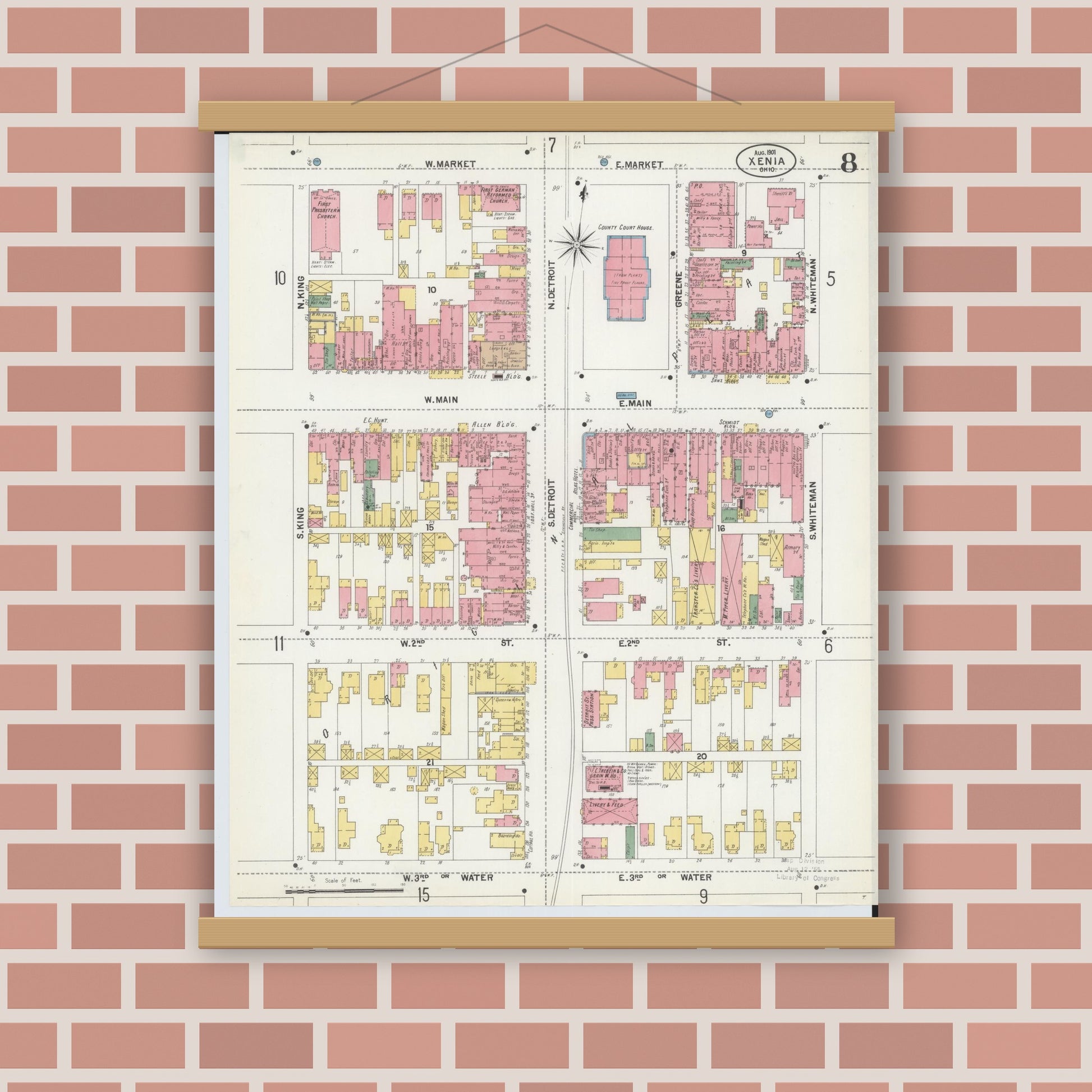 Old map wall art mockup — magnetic wood frame on brick wall — Sanborn Fire Insurance Map from Xenia, Greene County, Ohio (1901), Sheet #0008
