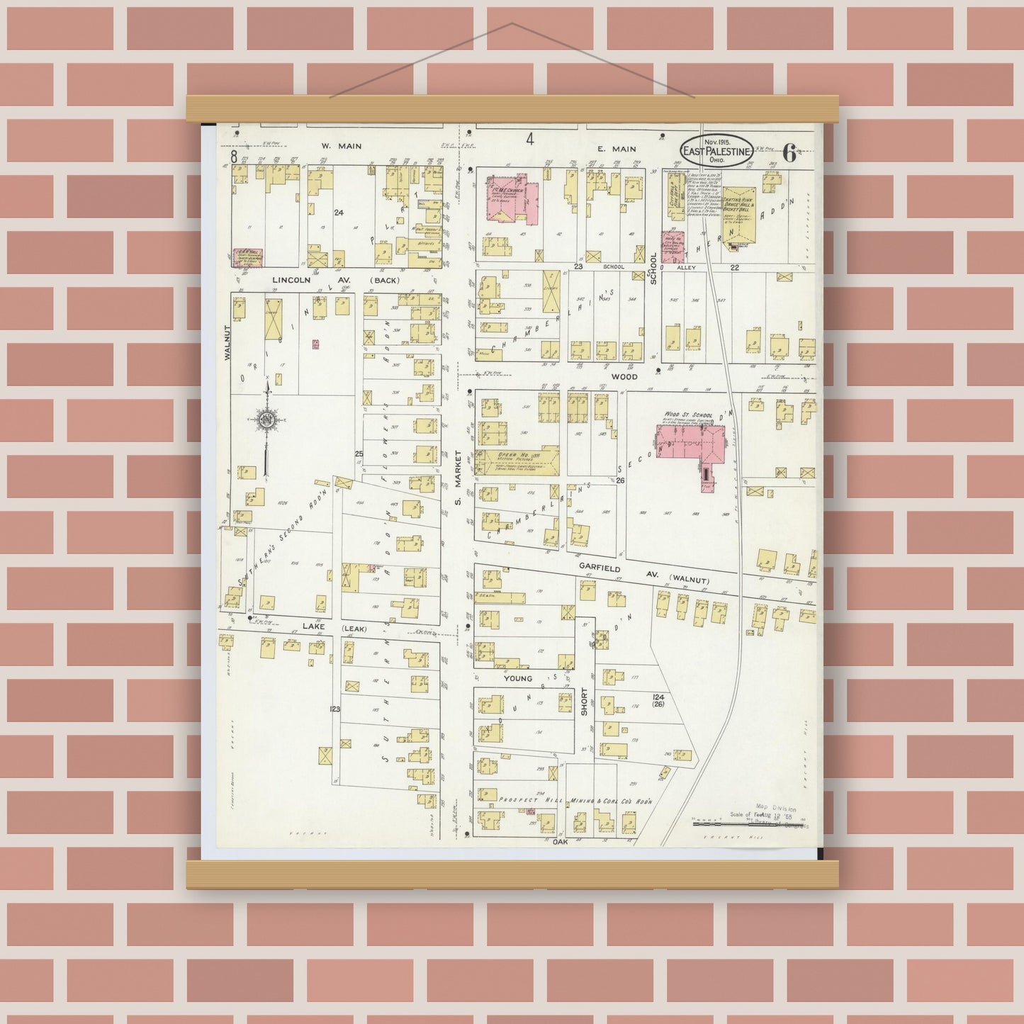 Old map wall art mockup — magnetic wood frame on brick wall — Sanborn Fire Insurance Map from East Palestine, Columbiana County, Ohio (1915), Sheet #0006