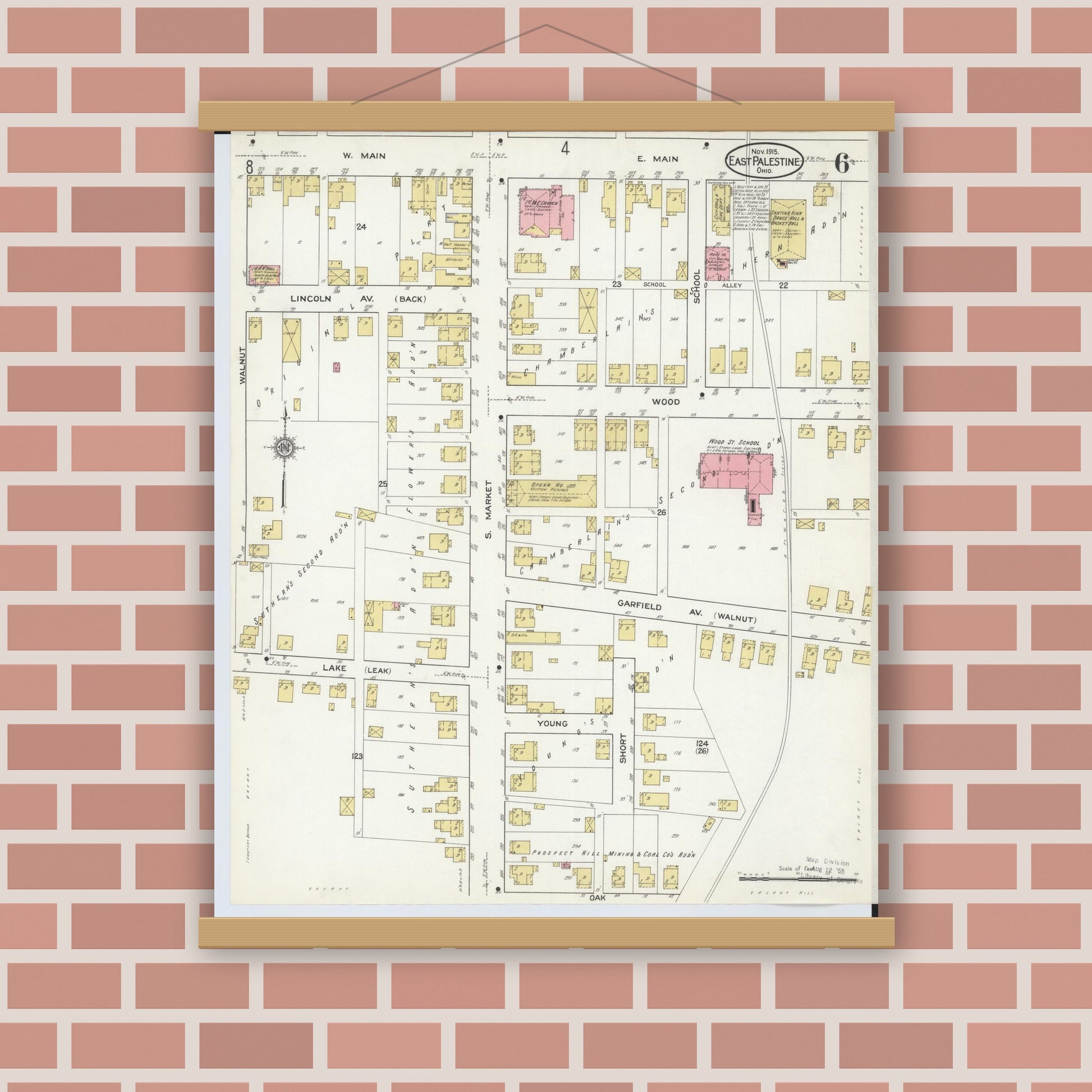Old map wall art mockup — magnetic wood frame on brick wall — Sanborn Fire Insurance Map from East Palestine, Columbiana County, Ohio (1915), Sheet #0006