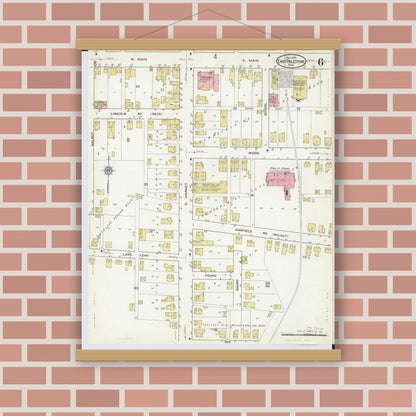 Old map wall art mockup — magnetic wood frame on brick wall — Sanborn Fire Insurance Map from East Palestine, Columbiana County, Ohio (1915), Sheet #0006