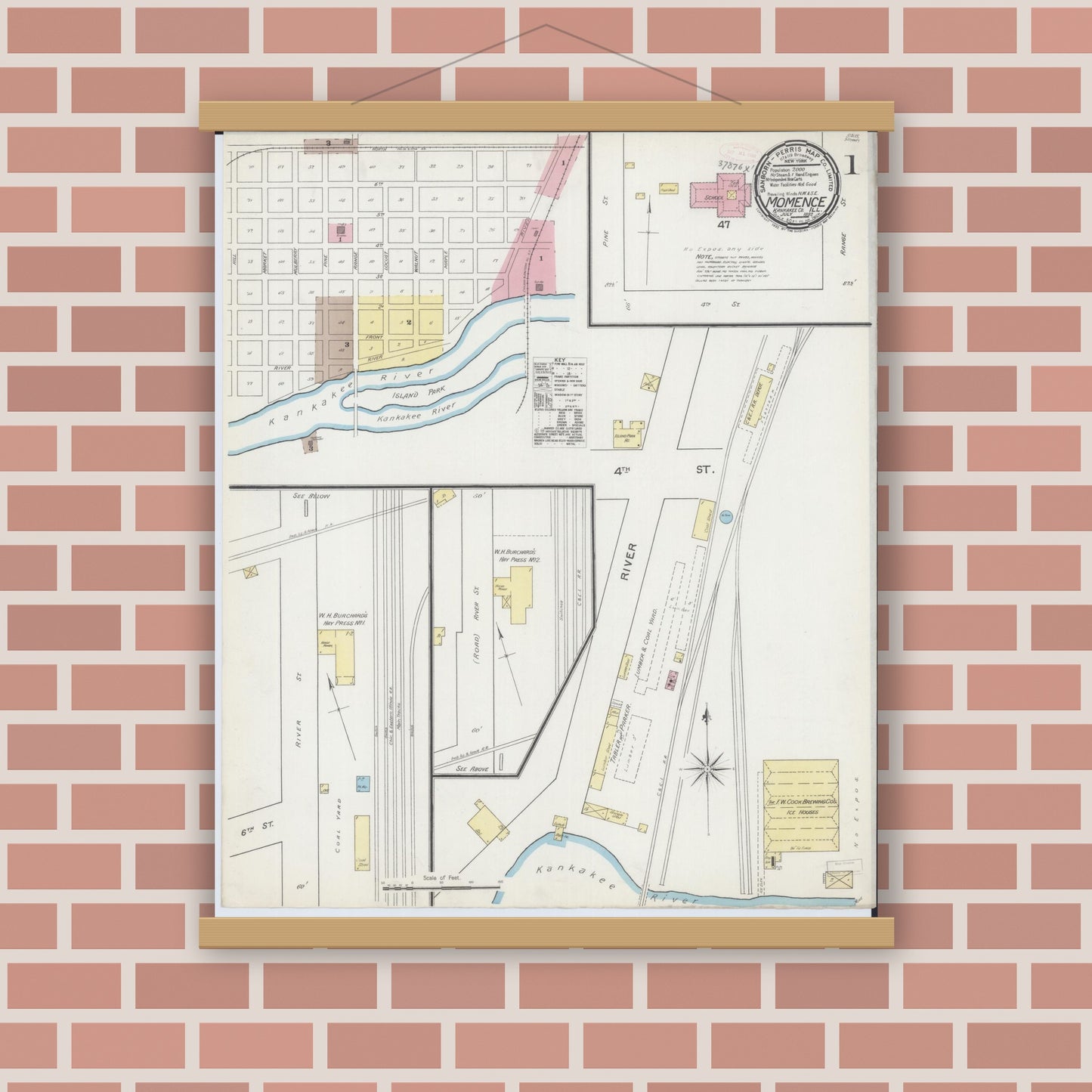 Old map wall art mockup — magnetic wood frame on brick wall — Sanborn Fire Insurance Map from Momence, Kankakee County, Illinois (1892), Sheet #0001