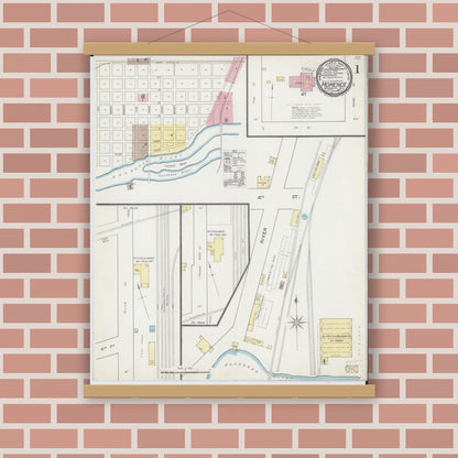 Old map wall art mockup — magnetic wood frame on brick wall — Sanborn Fire Insurance Map from Momence, Kankakee County, Illinois (1892), Sheet #0001