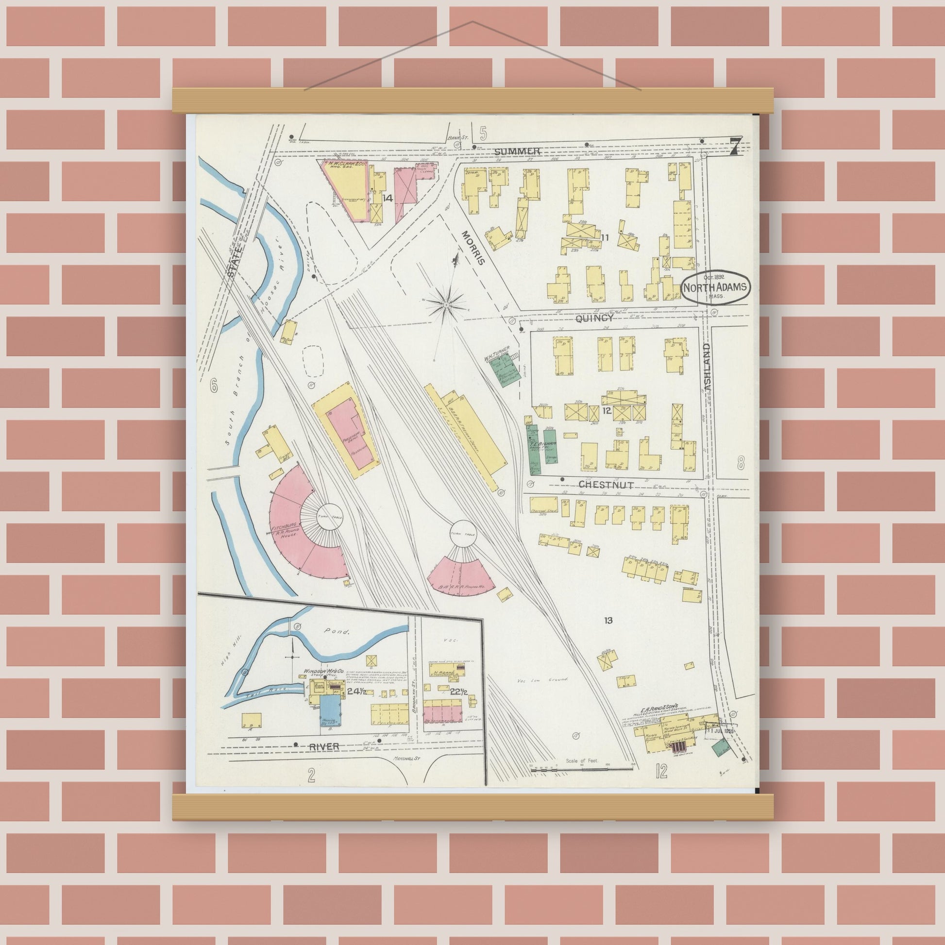 Old map wall art mockup — magnetic wood frame on brick wall — Sanborn Fire Insurance Map from North Adams, Berkshire County, Massachusetts (1892), Sheet #0007