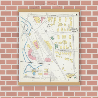 Old map wall art mockup — magnetic wood frame on brick wall — Sanborn Fire Insurance Map from North Adams, Berkshire County, Massachusetts (1892), Sheet #0007