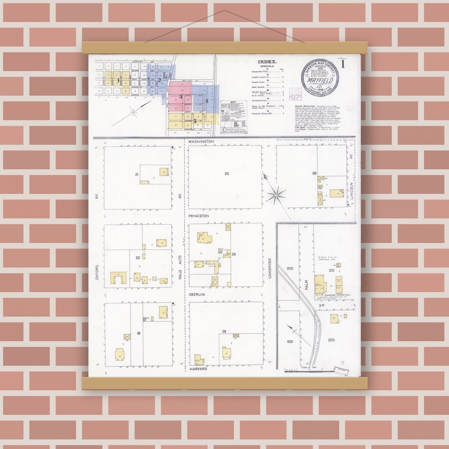 Old map wall art mockup — magnetic wood frame on brick wall — Sanborn Fire Insurance Map from Mayfield, Santa Clara County, California (1908) - Complete Map Set