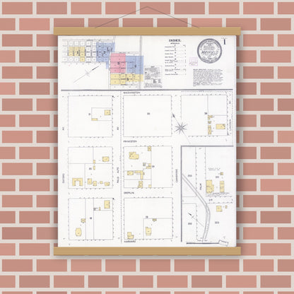 Old map wall art mockup — magnetic wood frame on brick wall — Sanborn Fire Insurance Map from Mayfield, Santa Clara County, California (1908) - Complete Map Set