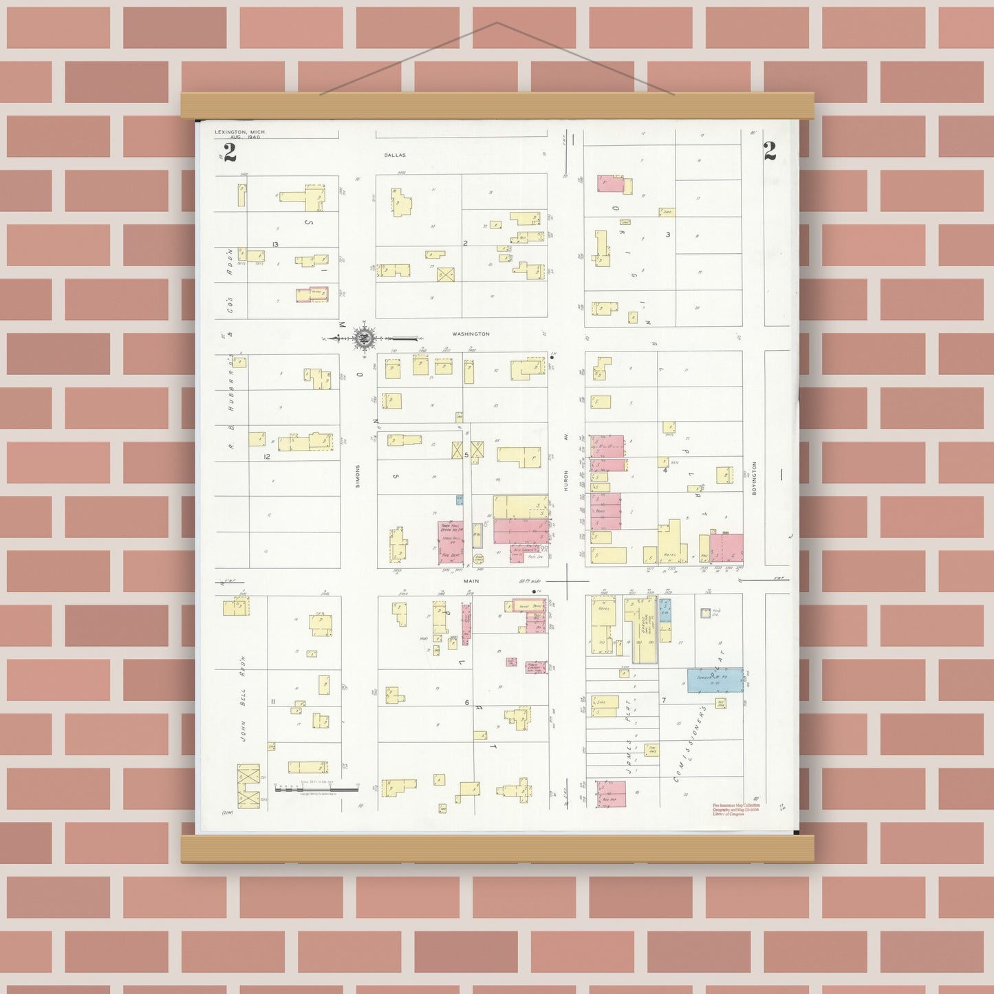 Old map wall art mockup — magnetic wood frame on brick wall — Sanborn Fire Insurance Map from Lexington, Sanilac County, Michigan (1940), Sheet #0002