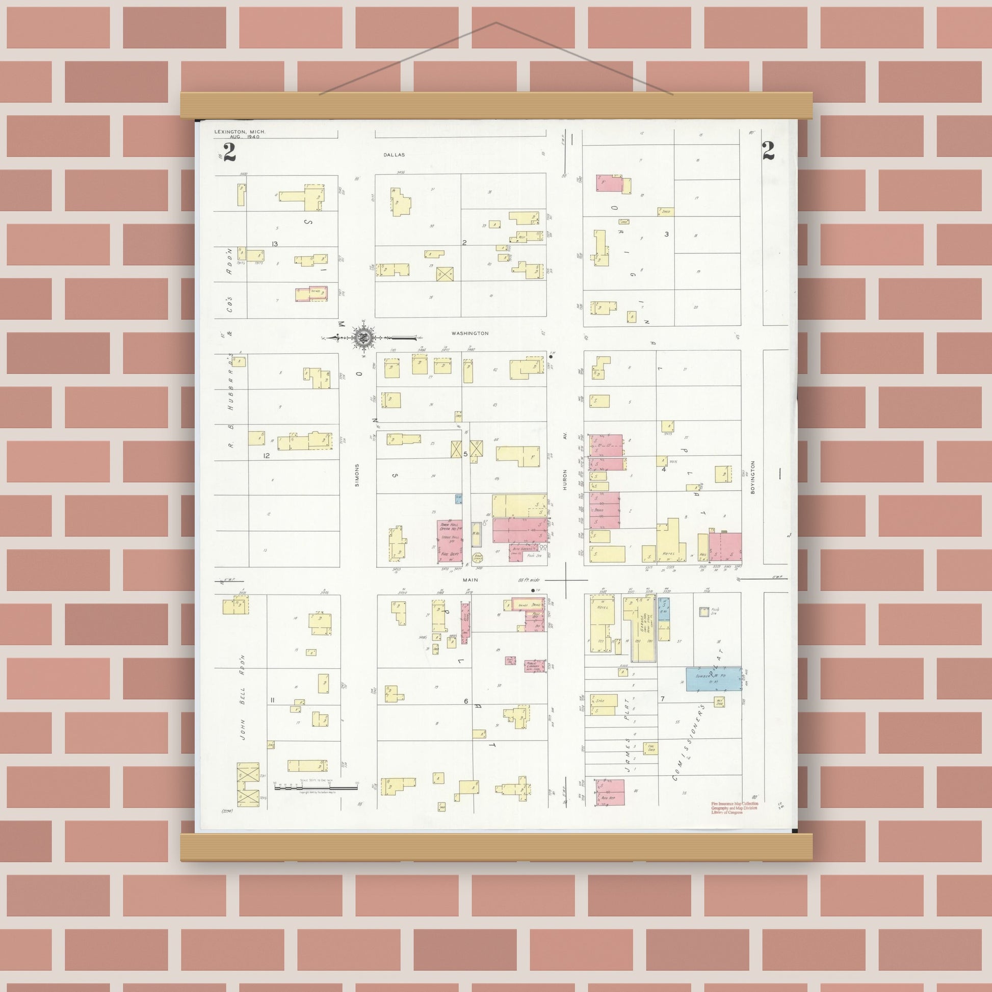 Old map wall art mockup — magnetic wood frame on brick wall — Sanborn Fire Insurance Map from Lexington, Sanilac County, Michigan (1940), Sheet #0002