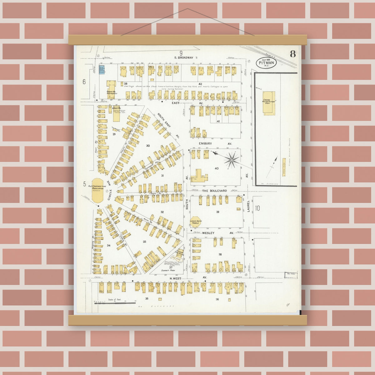 Old map wall art mockup — magnetic wood frame on brick wall — Sanborn Fire Insurance Map from Pitman, Gloucester County, New Jersey (1908), Sheet #0008