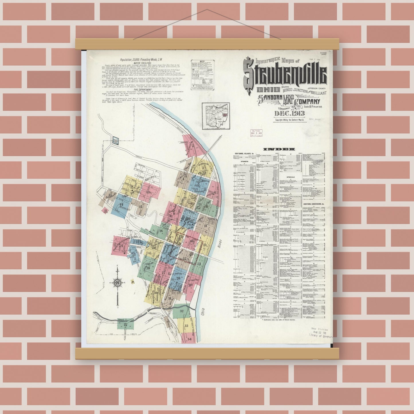 Old map wall art mockup — magnetic wood frame on brick wall — Sanborn Fire Insurance Map from Steubenville, Jefferson County, Ohio (1913) - Complete Map Set