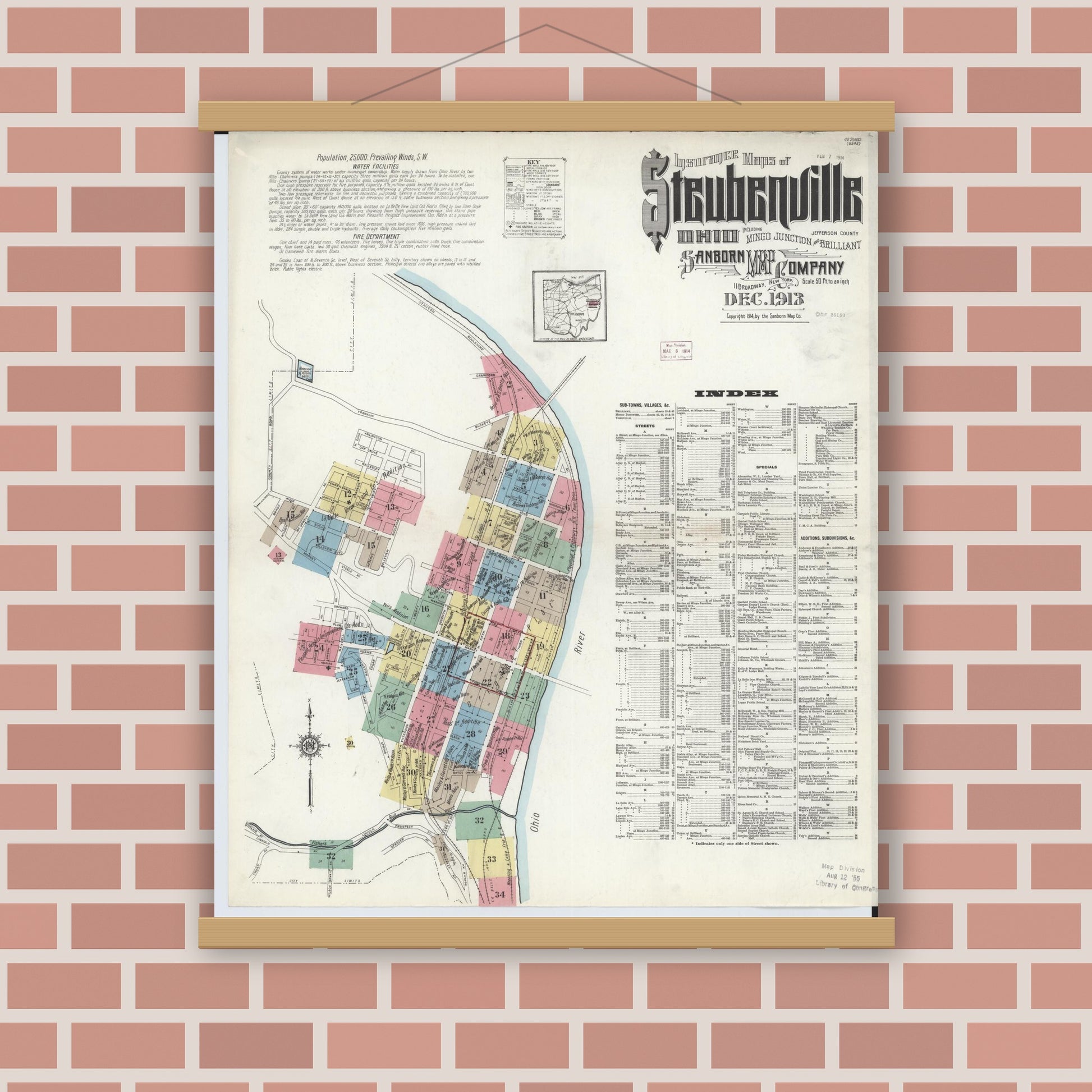 Old map wall art mockup — magnetic wood frame on brick wall — Sanborn Fire Insurance Map from Steubenville, Jefferson County, Ohio (1913) - Complete Map Set