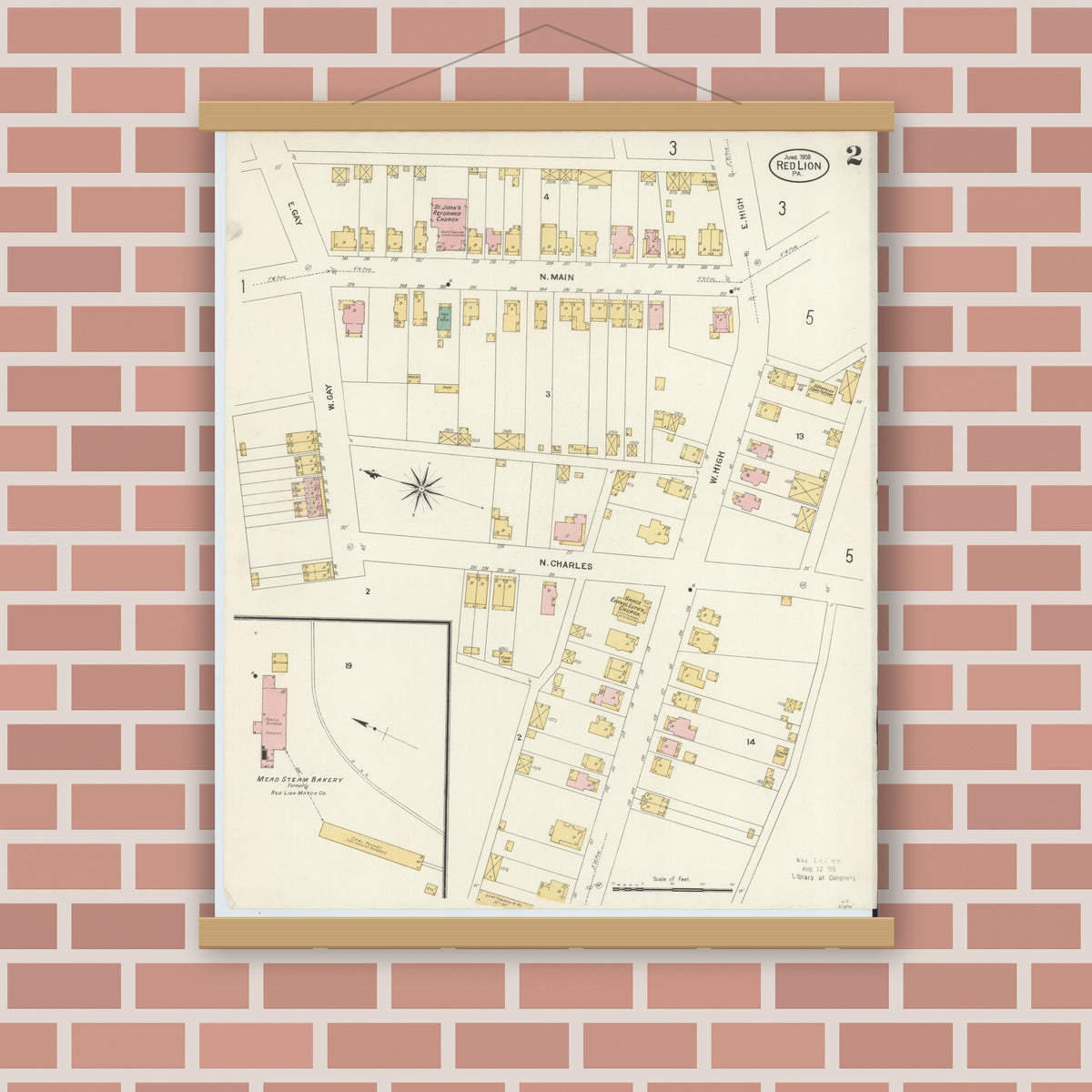 Old map wall art mockup — magnetic wood frame on brick wall — Sanborn Fire Insurance Map from Red Lion, York County, Pennsylvania (1908), Sheet #0002