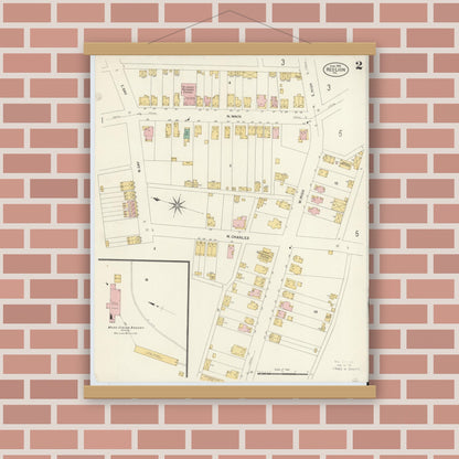 Old map wall art mockup — magnetic wood frame on brick wall — Sanborn Fire Insurance Map from Red Lion, York County, Pennsylvania (1908), Sheet #0002