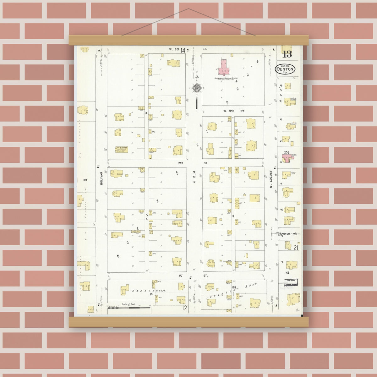 Old map wall art mockup — magnetic wood frame on brick wall — Sanborn Fire Insurance Map from Denton, Denton County, Texas (1912), Sheet #0013