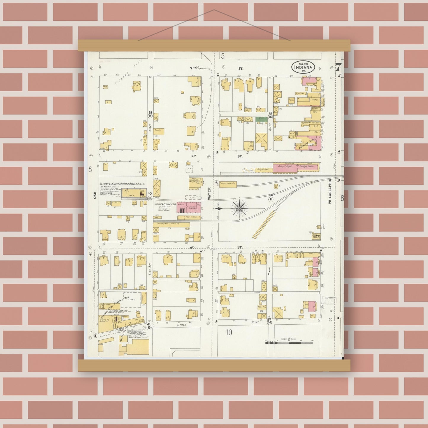 Old map wall art mockup — magnetic wood frame on brick wall — Sanborn Fire Insurance Map from Indiana, Indiana County, Pennsylvania (1903), Sheet #0007